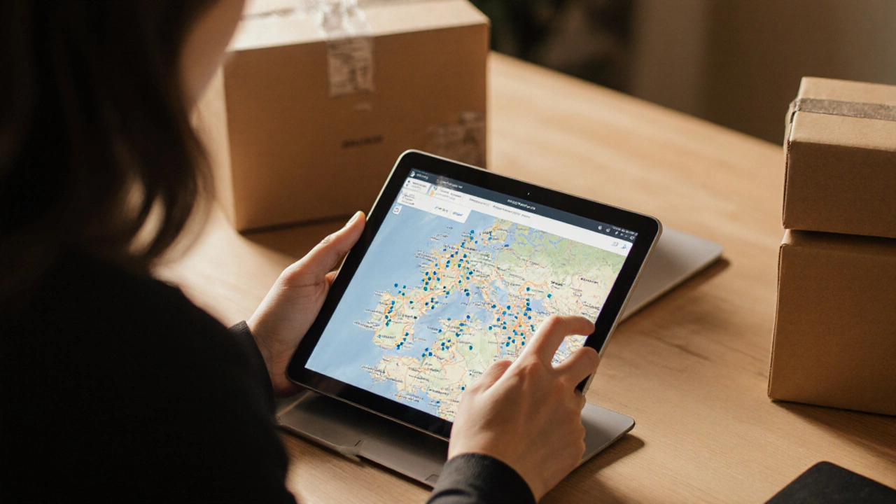 Boutique owner packing parcels while viewing real‑time tracking on a tablet.