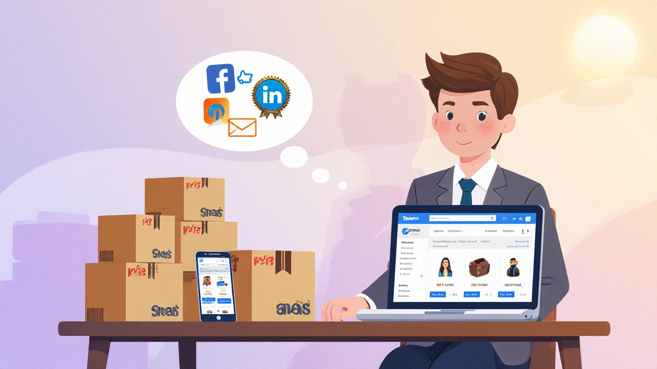 Business owner at desk with laptop, shipping boxes, phone and marketing icons showing e‑commerce launch.