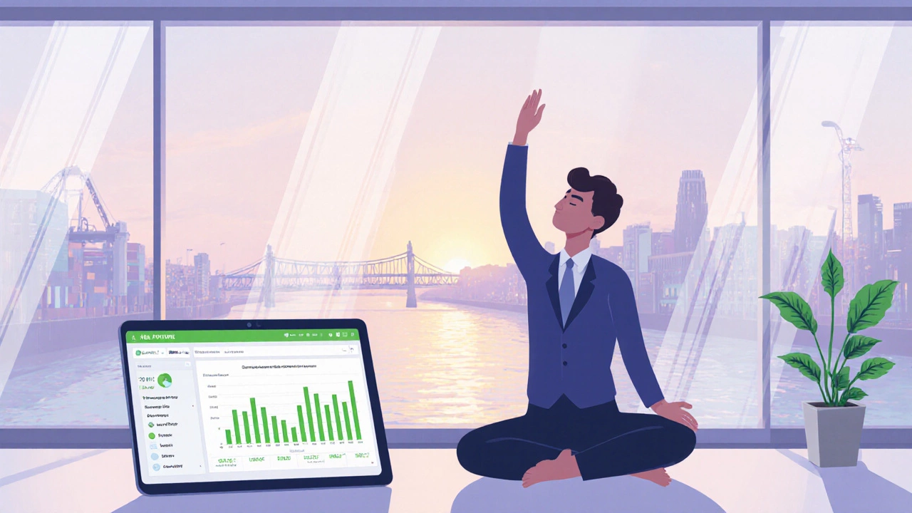 Calm forwarder using a sleek dashboard in a sunrise-lit office with a view of the Mersey River.