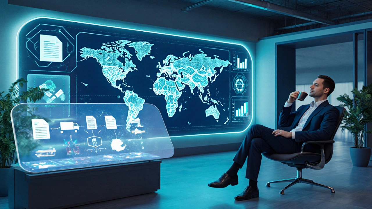 Calm manager in futuristic control room watches holographic logistics dashboard.