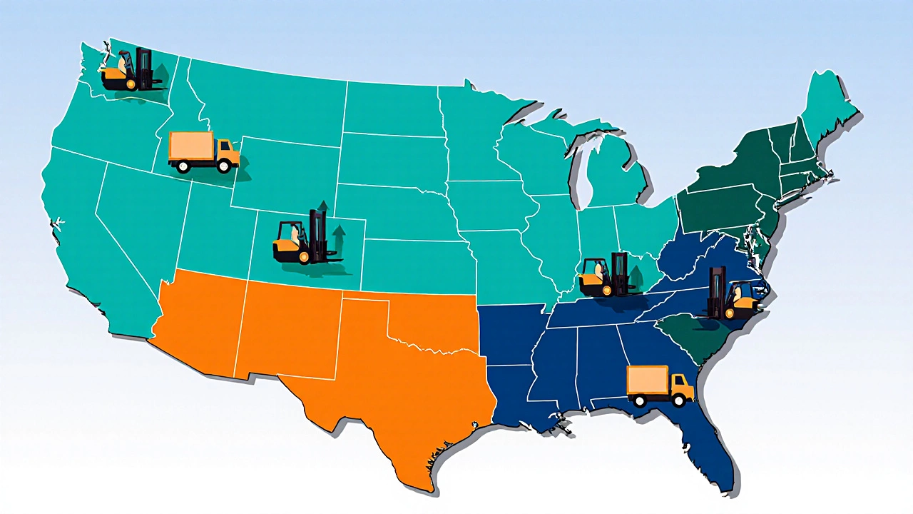 Colored map of the US showing warehouse pay regions with warehouse and truck icons.