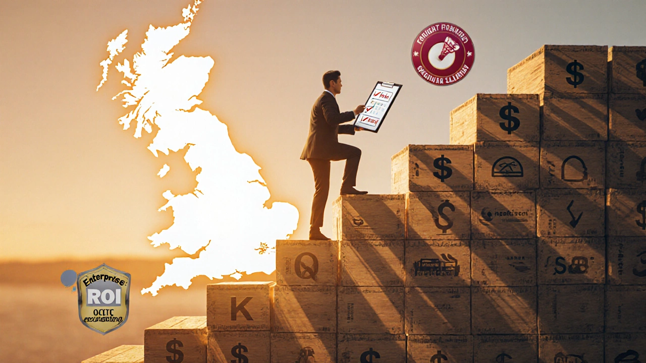 Conceptual scene of a salesperson climbing a crate ladder of dollar signs with checklist icons.