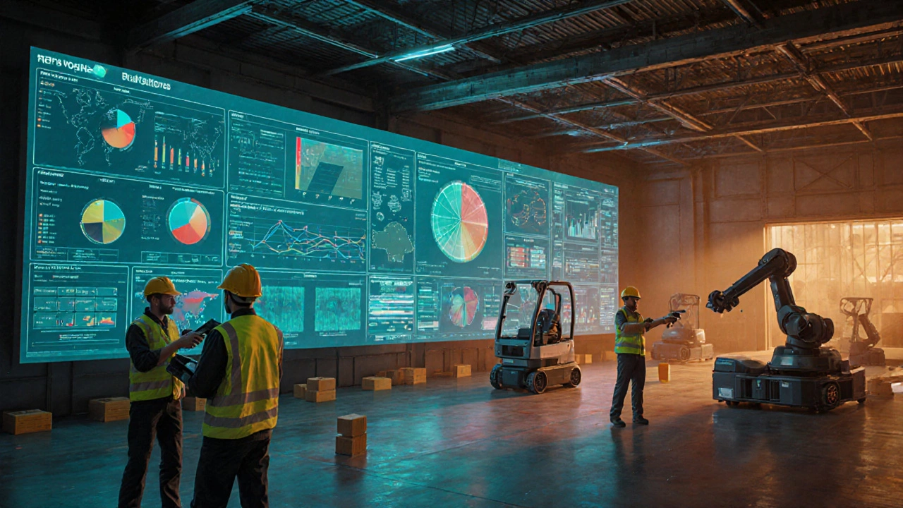Control room displaying live analytics while robots and staff handle warehouse tasks.