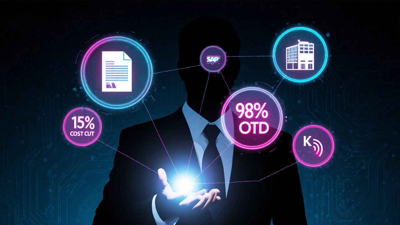Digital art of a logistics professional surrounded by glowing icons of contracts, warehouses, SAP, and KPIs.