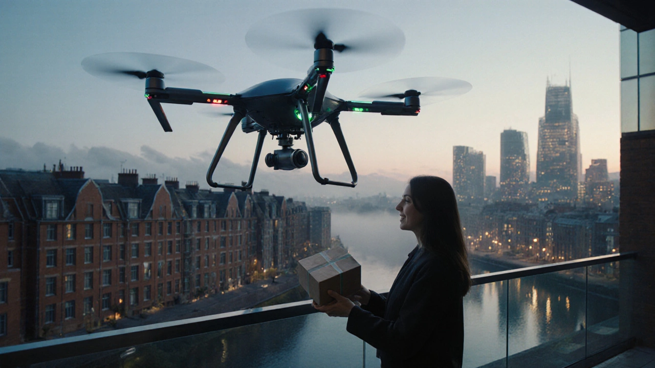 Drone dropping a parcel onto a balcony as a resident receives it in a futuristic Manchester setting.
