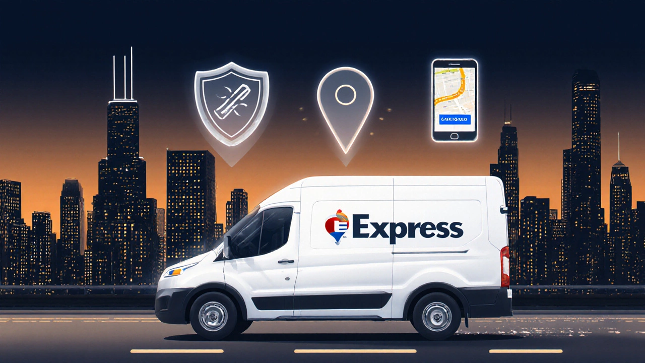Express‑branded delivery van on Chicago skyline with icons for tracking, insurance, and security.