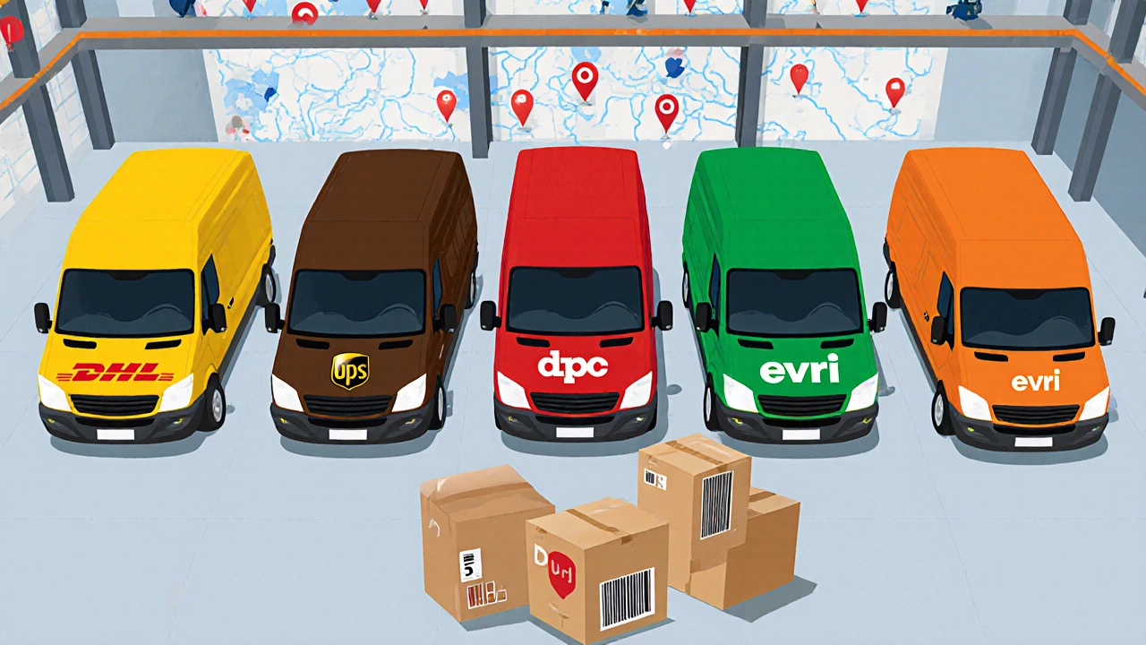 Five brand‑colored delivery vans lined up with parcels at a warehouse loading dock.