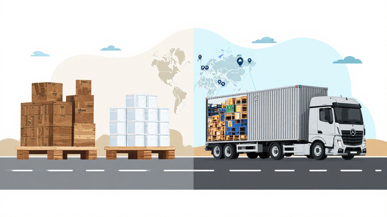 Flat illustration of wooden, plastic, and metal pallets beside FTL and LTL trucks.