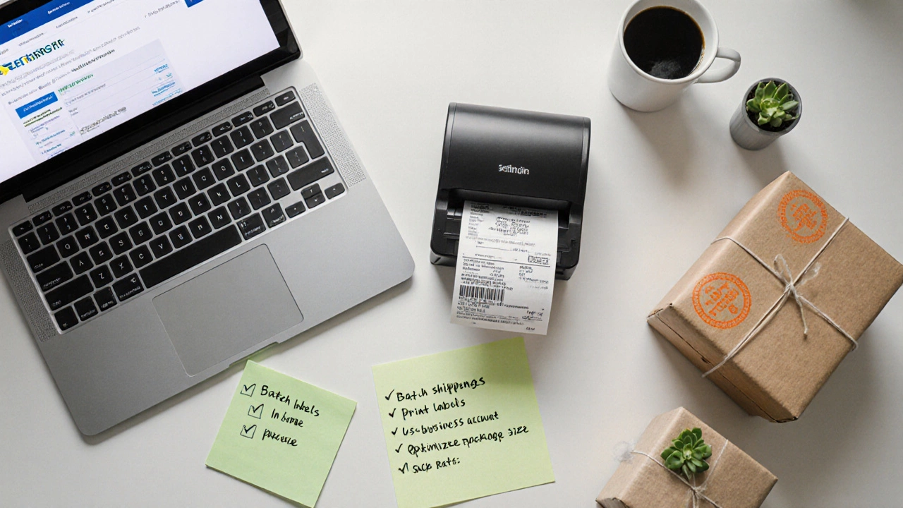 Flat‑lay of a desk with label printer, packed boxes, checklist and coffee, representing cost‑saving tips.