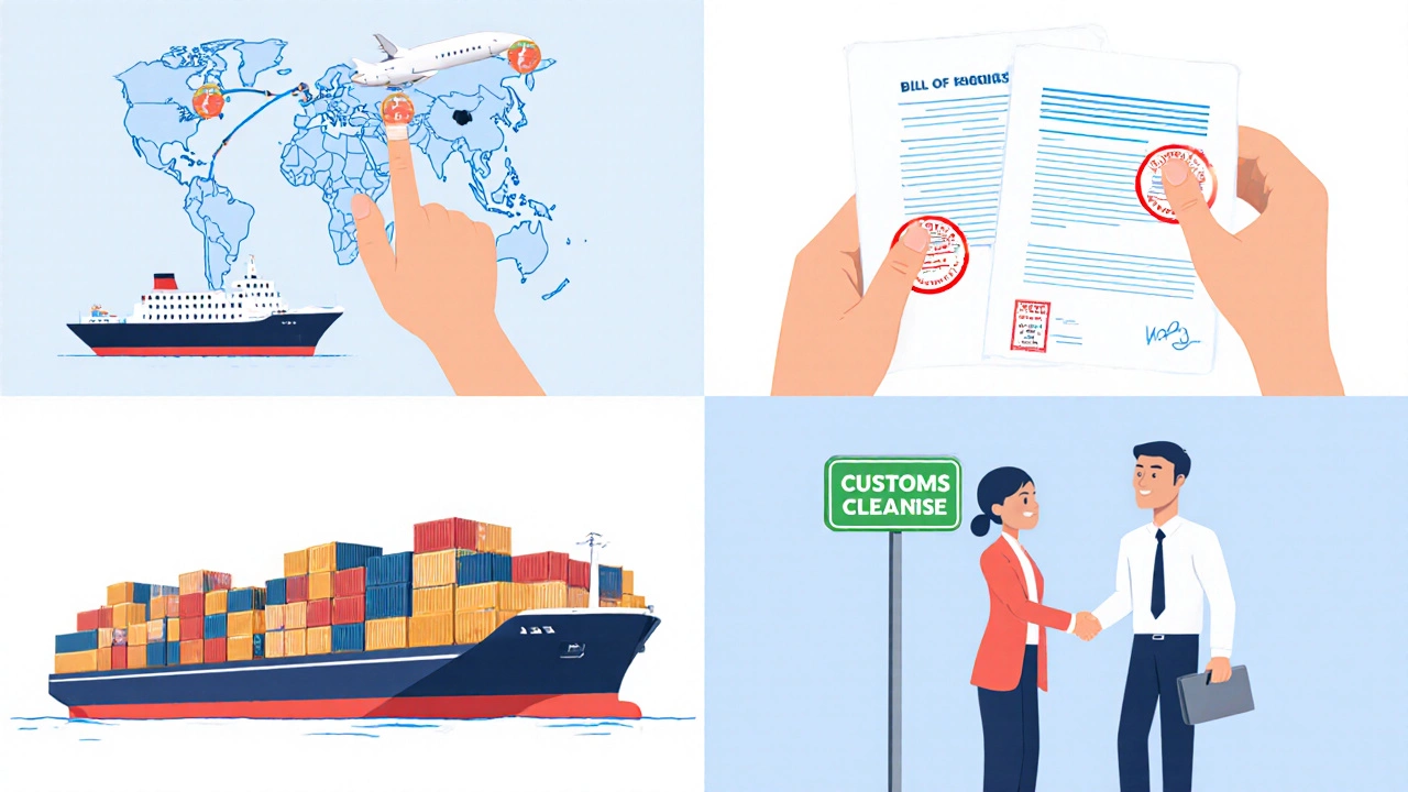 Four-panel illustration showing route planning, paperwork, cargo consolidation, and customs clearance.