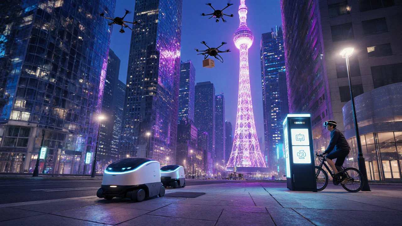 Futuristic autonomous robots and drones delivering parcels in a high‑tech urban environment.