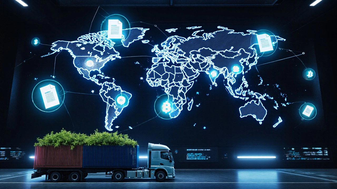 Futuristic control room with holographic supply chain, blockchain icons, and green sustainable containers.