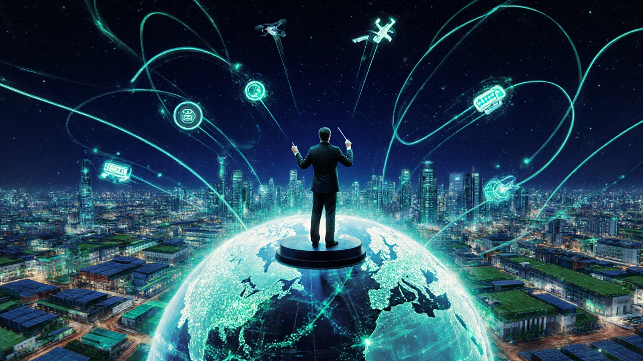 Futuristic digital painting of a CSCO conducting AI, drones, and green logistics.