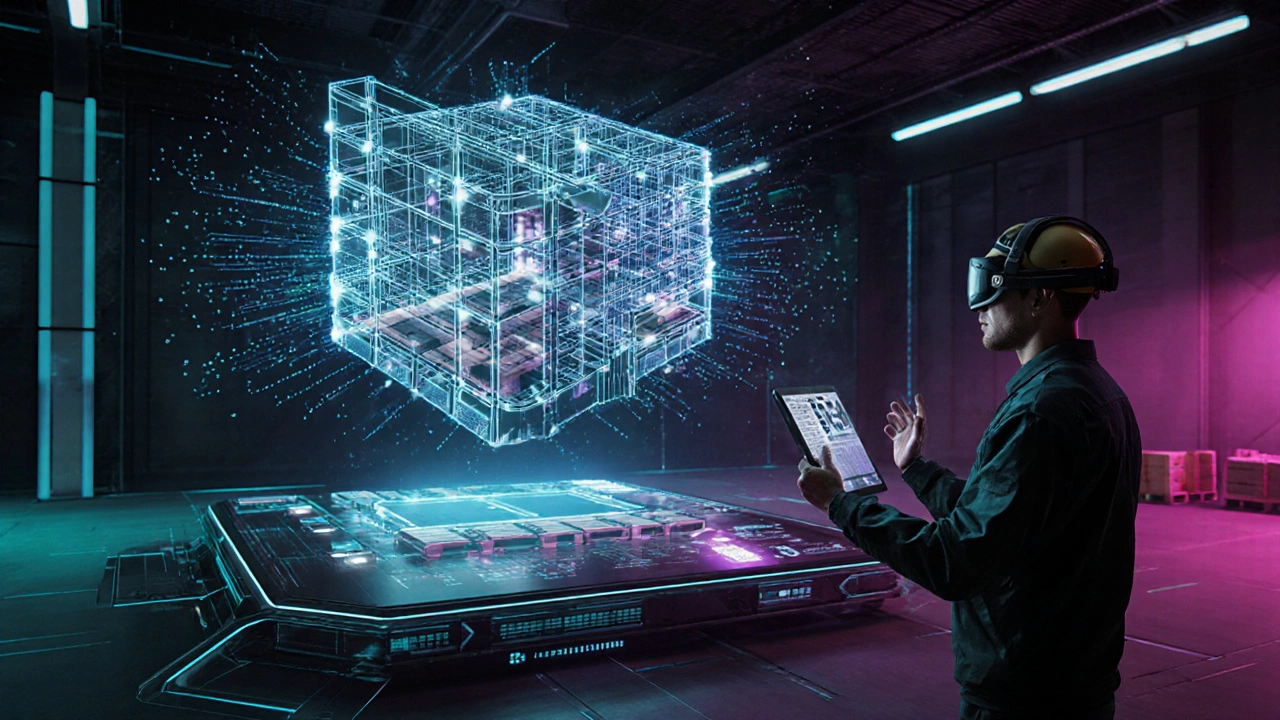 Futuristic warehouse with holographic digital twin, AI slotting, IoT sensors, and voice picking.