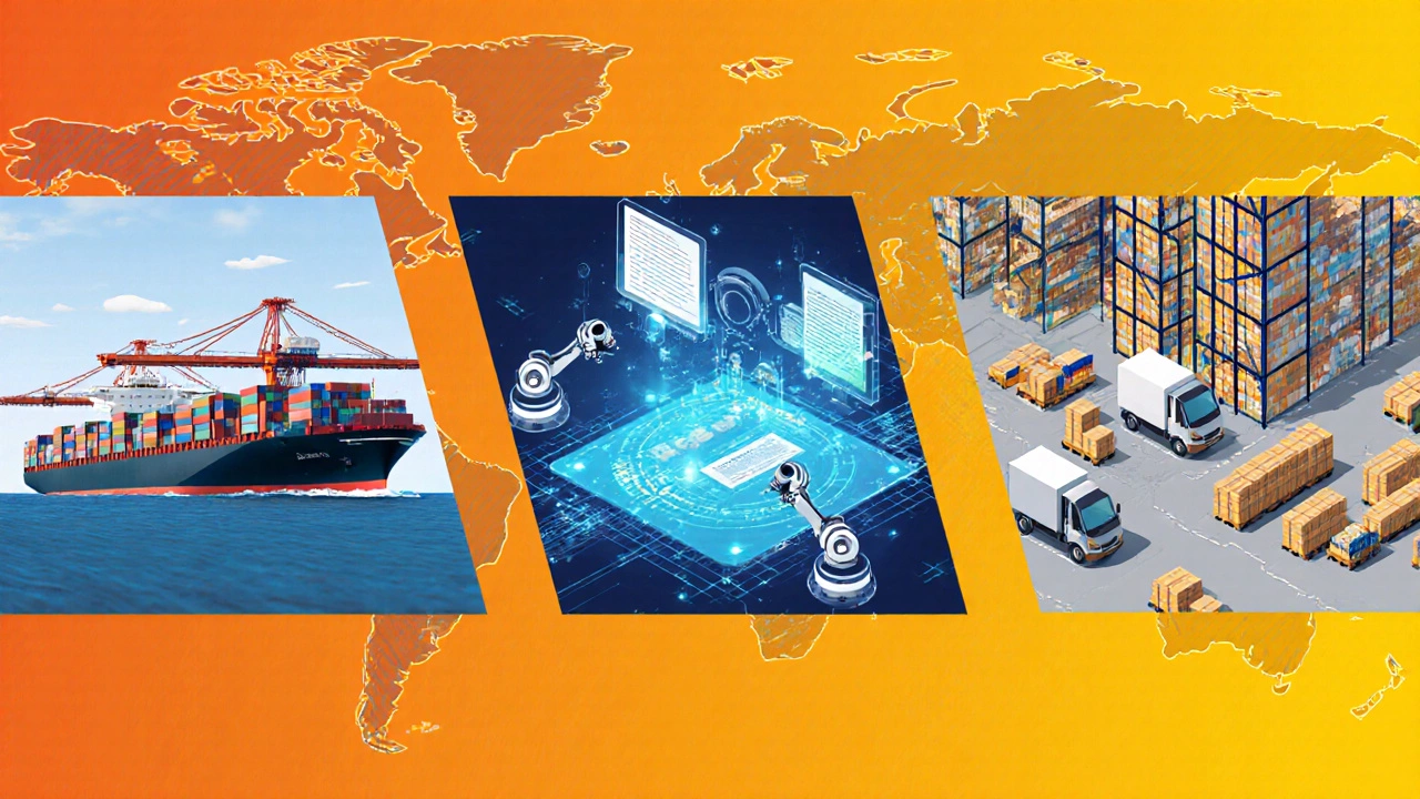 Illustrated collage of freight forwarding, enterprise logistics platform, and e‑commerce fulfillment niches.