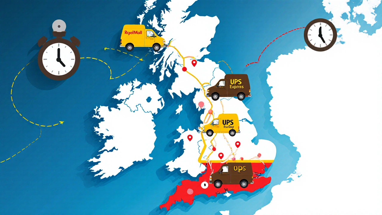 Illustrated UK map showing three courier vans and parcel routes for different overnight services.