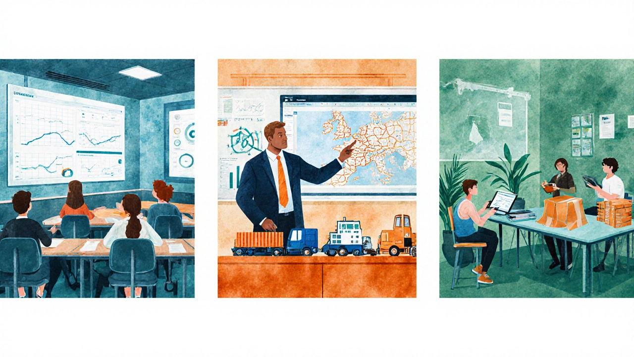 Illustration of three classrooms: demand forecasting, transport economics, and green blockchain lab.