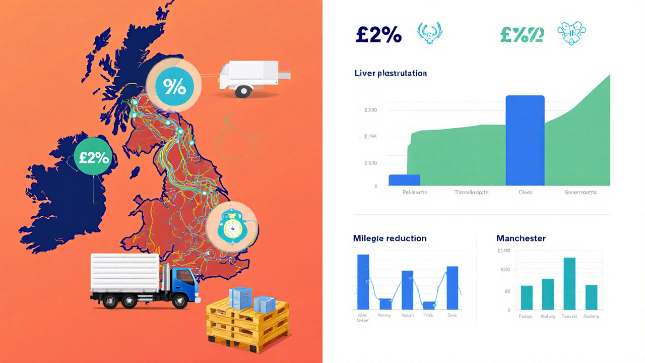 Illustration of UK routes with icons showing cost savings, mileage reduction, and performance charts.