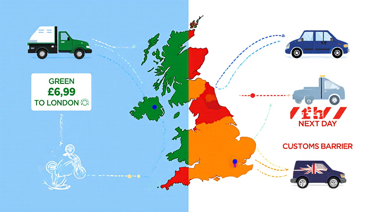 Infographic map showing UK shipping costs with color-coded routes to London and Sydney