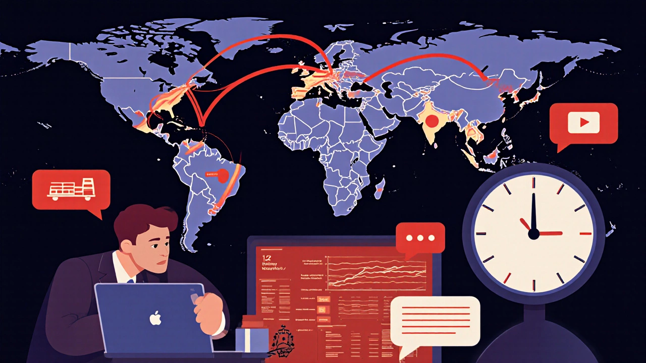 Intense crisis scene showing rerouted shipping routes and a stressed forwarder during a carrier strike.