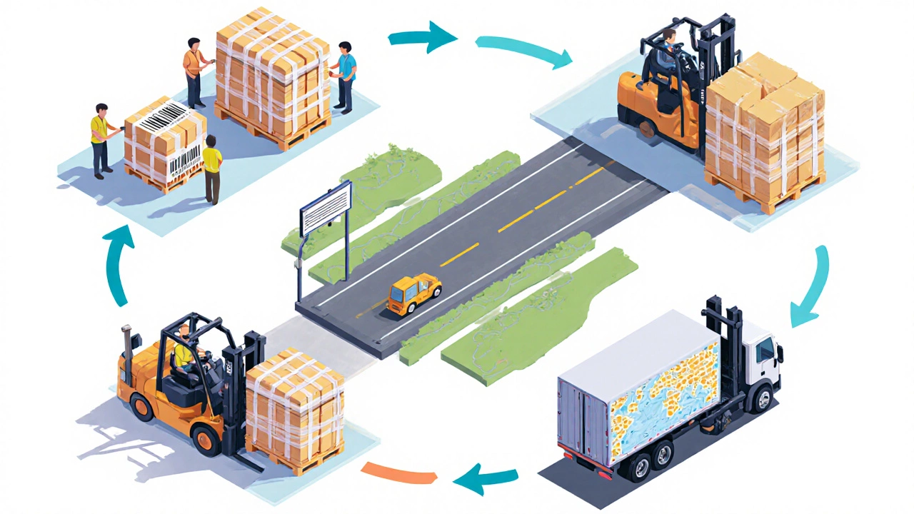 Isometric loop showing picking, labeling, loading, transit, and delivery of a pallet.