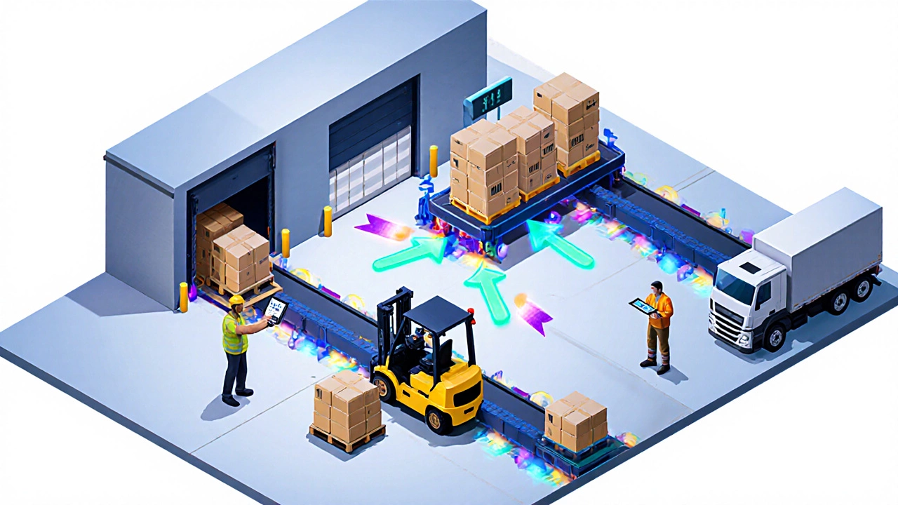 Isometric scene of pallets moving from dock to shelves, workers scanning tags and using tablets.