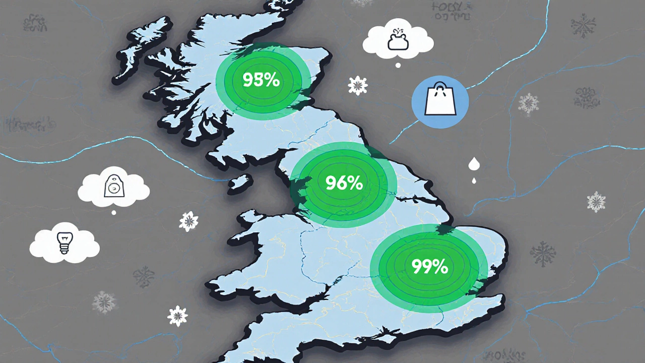 Isometric UK map showing urban and rural express delivery performance with weather icons.
