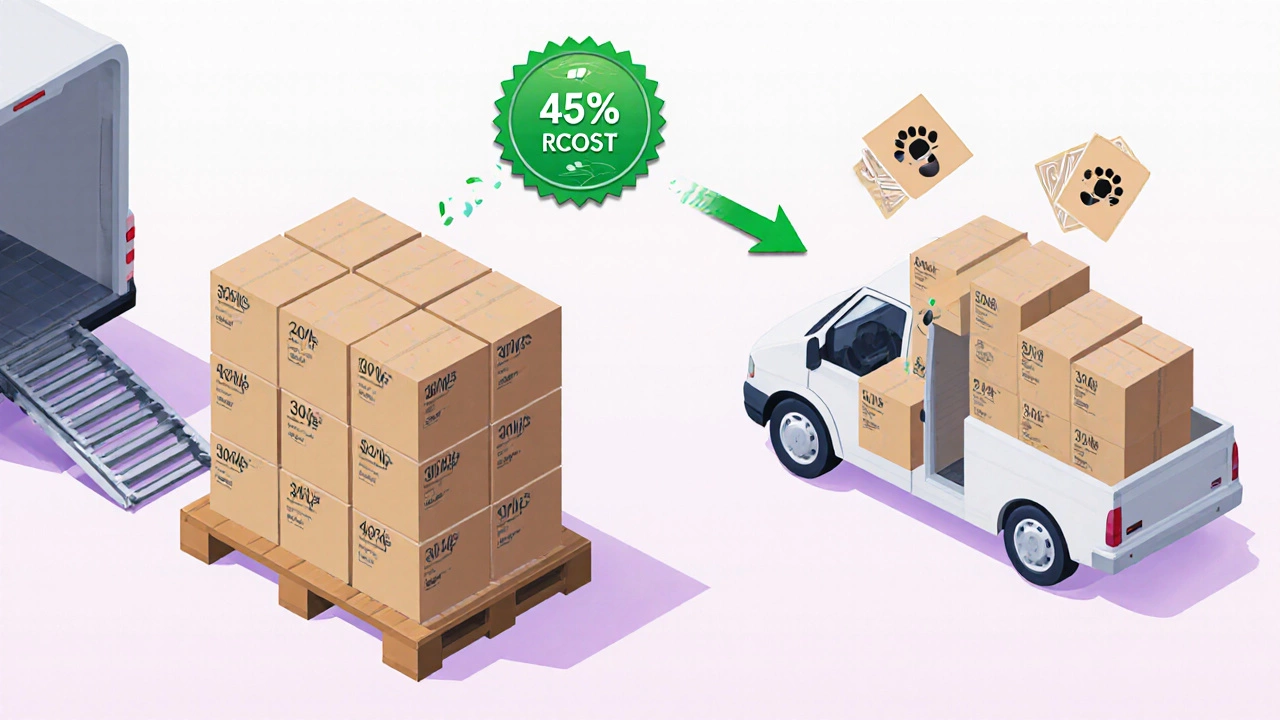 Isometric view of e‑commerce boxes on a pallet versus individual parcels, showing cost savings.