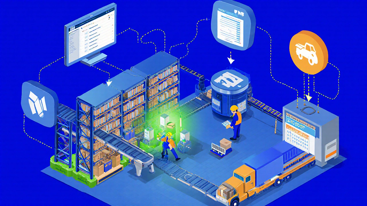 Isometric warehouse showing integrated ERP, OMS, WMS, LMS, pick‑to‑light, YMS and TMS workflow.