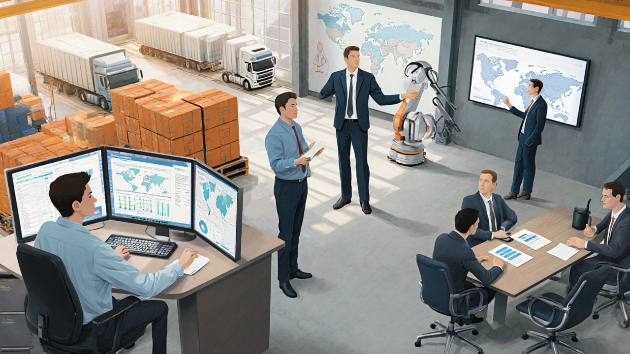 Logistics career progression scene from analyst to CSCO in a busy hub.