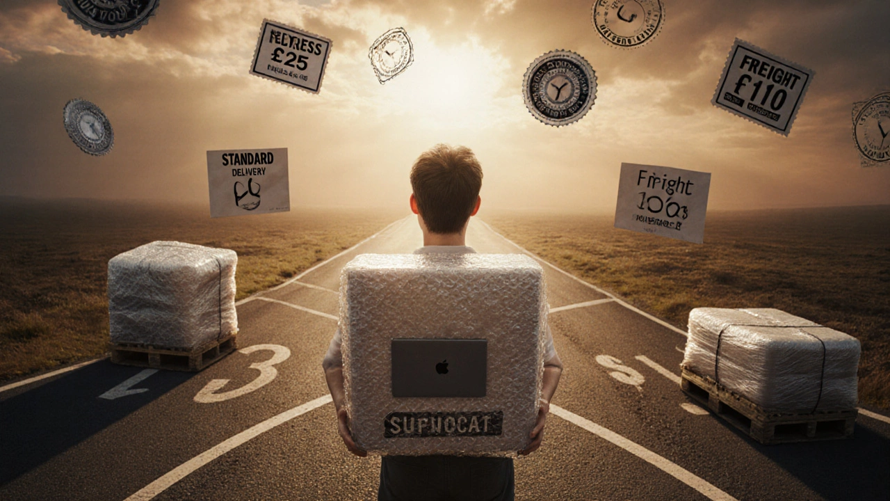 Person at crossroads choosing between standard, express, and freight shipping options