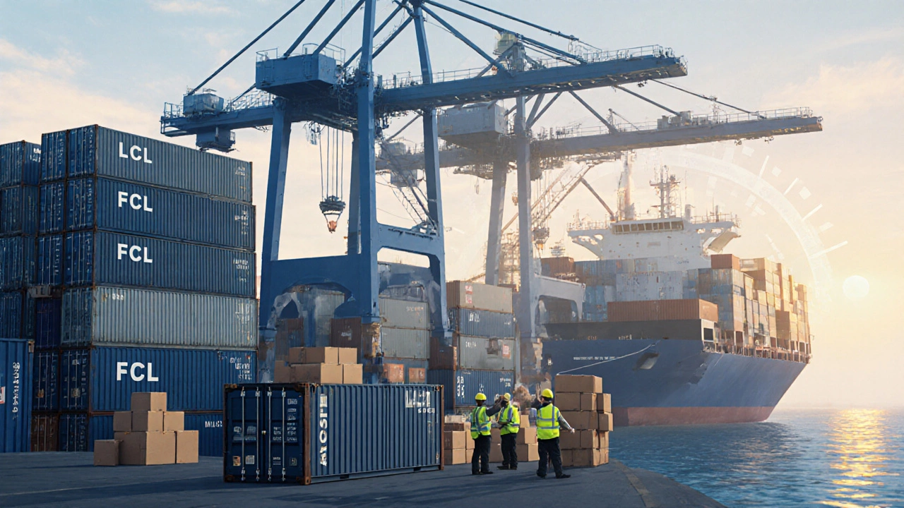 Port scene showing cranes loading boxes into a container for sea shipment.