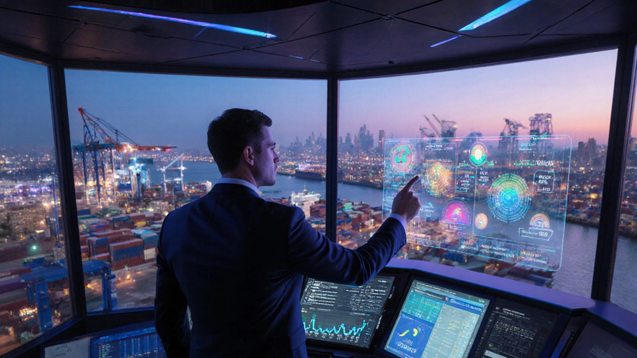 Senior manager reviewing holographic supply‑chain dashboard overlooking a busy port.