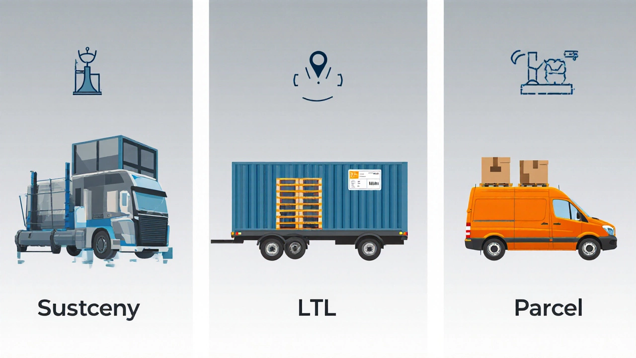Side‑by‑side illustration of pallet, LTL trailer, and parcel van shipping methods.