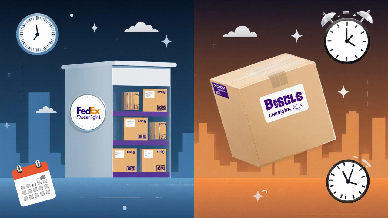Split-screen comparison of overnight vs. slower shipping delivery timelines.