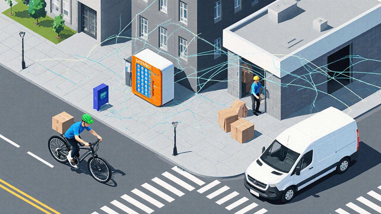 Various last‑mile delivery methods—van, bike, locker, hub—shown in a bustling city scene.