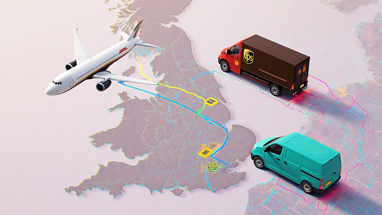 Various UK courier vehicles and a plane moving along routes across a stylized map of Britain.