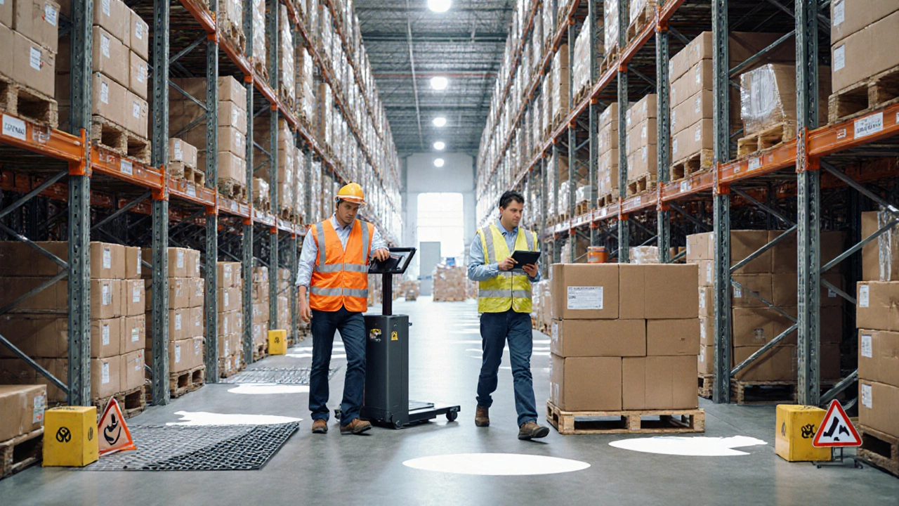 Warehouse worker uses ergonomic lift table amid busy aisles and digital order screens.
