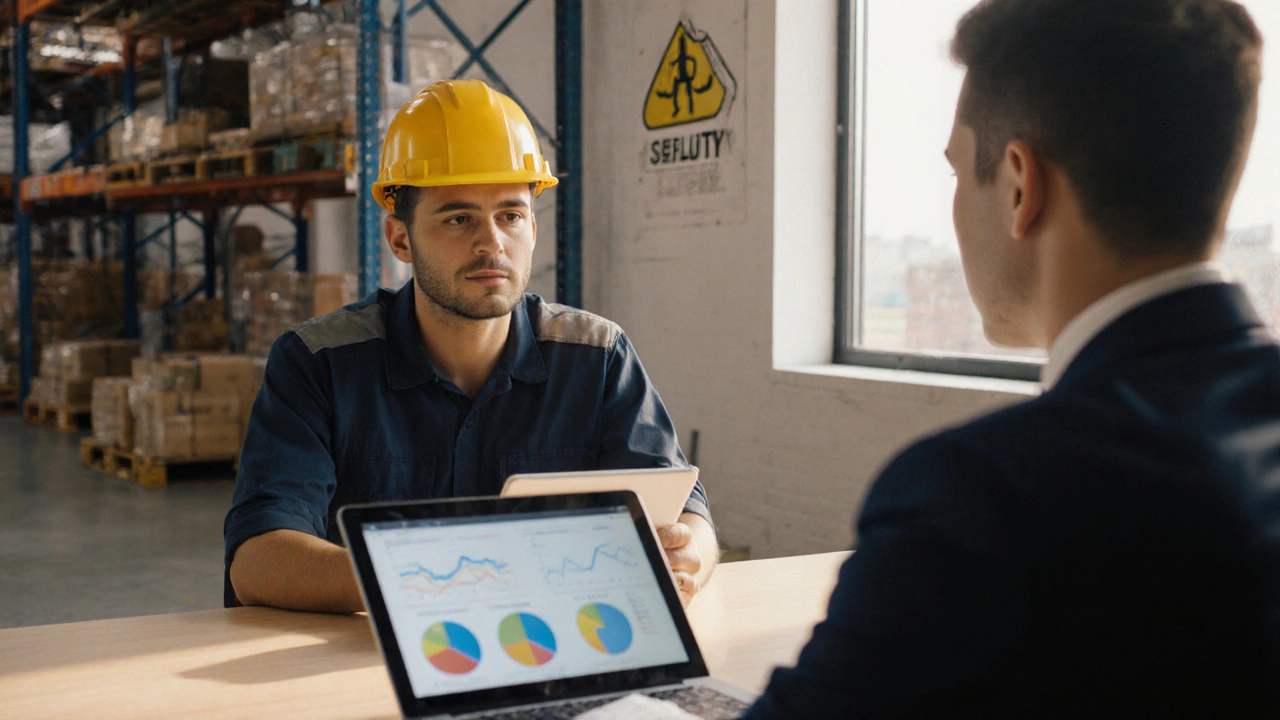 Worker and manager discussing pay over tablets in a breakroom with warehouse background.