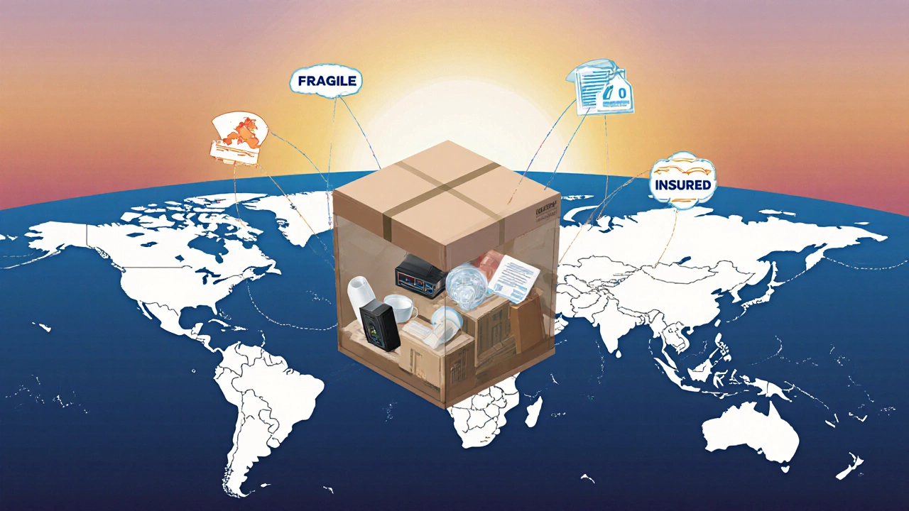 A shipping box traveling across a global map, with transparent sides showing packed items and international shipping icons.