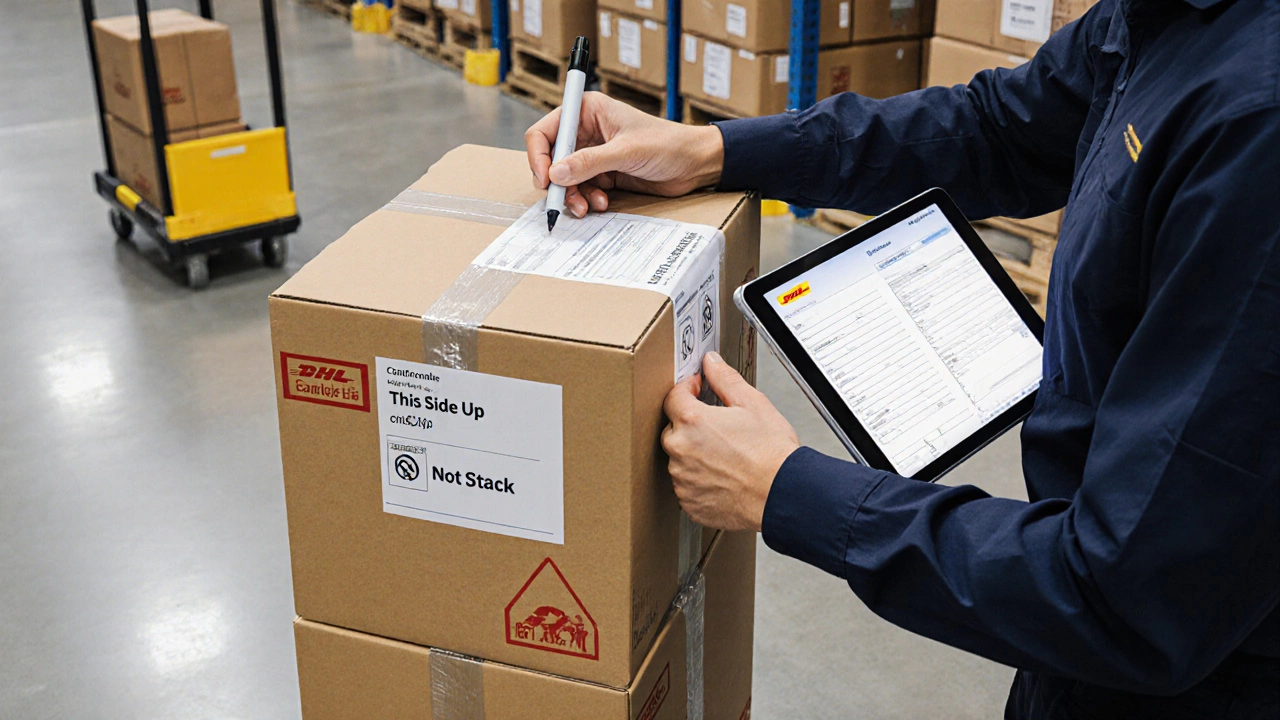 A worker applying a second shipping label to a box in a warehouse, with customs form visible on a tablet nearby.