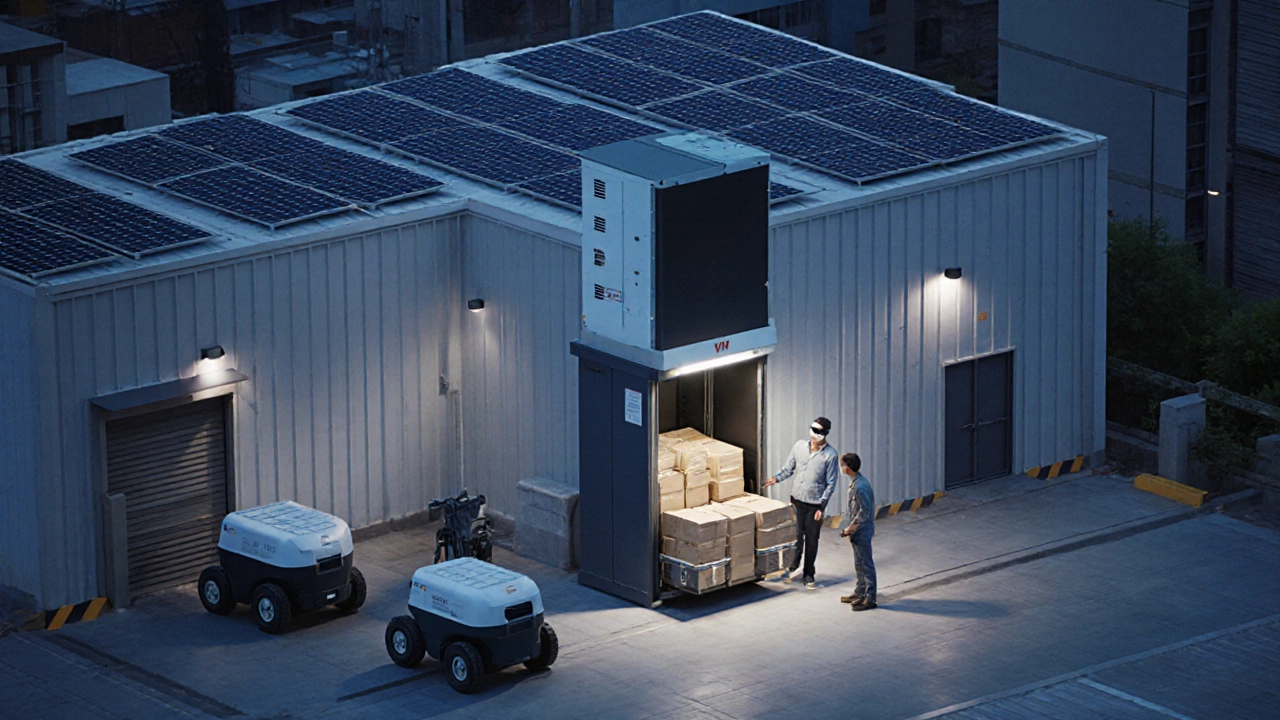 Compact warehouse with vertical storage module and solar panels, worker inspecting returned item.