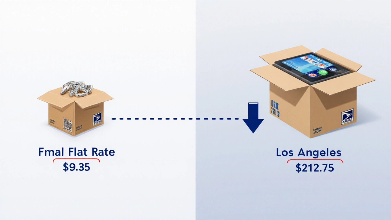 Comparison of small and large flat rate boxes with shipping cost savings.