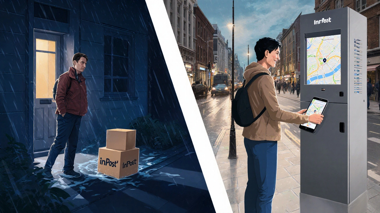 Contrasting images of a ruined package on a porch versus a customer picking up a locker delivery.