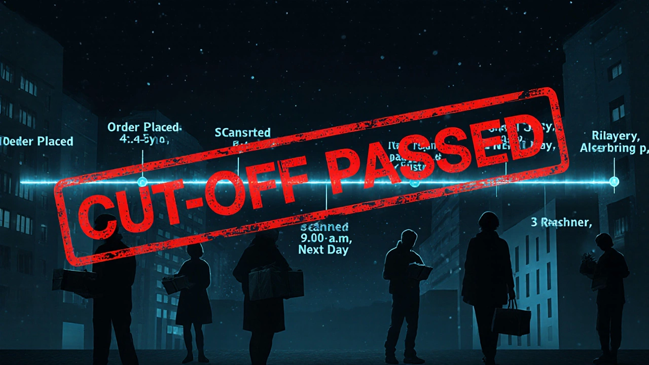 Digital timeline showing delayed package processing with a red &#039;CUT-OFF PASSED&#039; stamp over frustrated customers.
