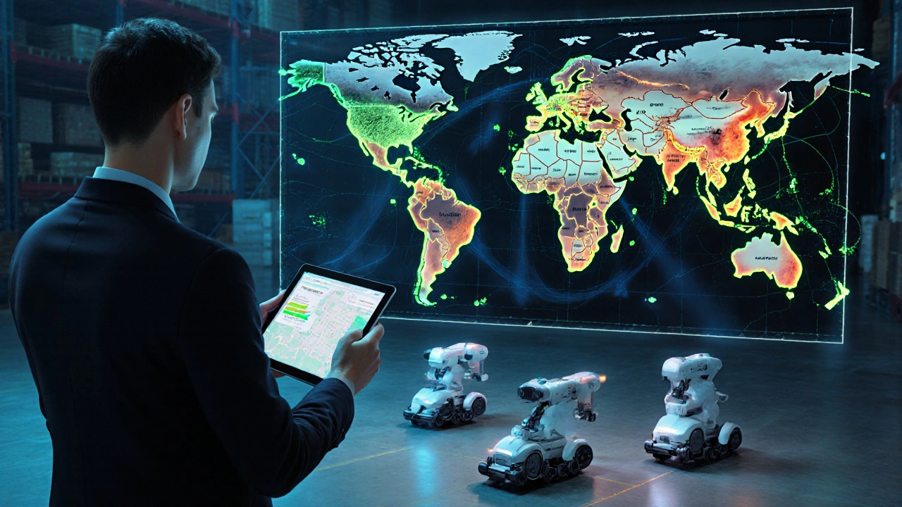 Digital twin dashboard displaying real-time warehouse analytics and automated system flows.