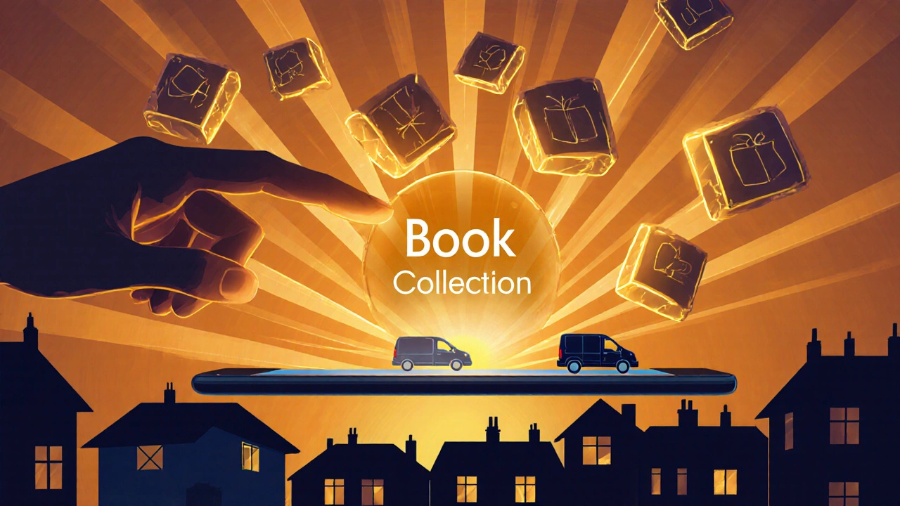 Hand pressing a booking button as parcel icons turn into delivery vans in a cityscape.