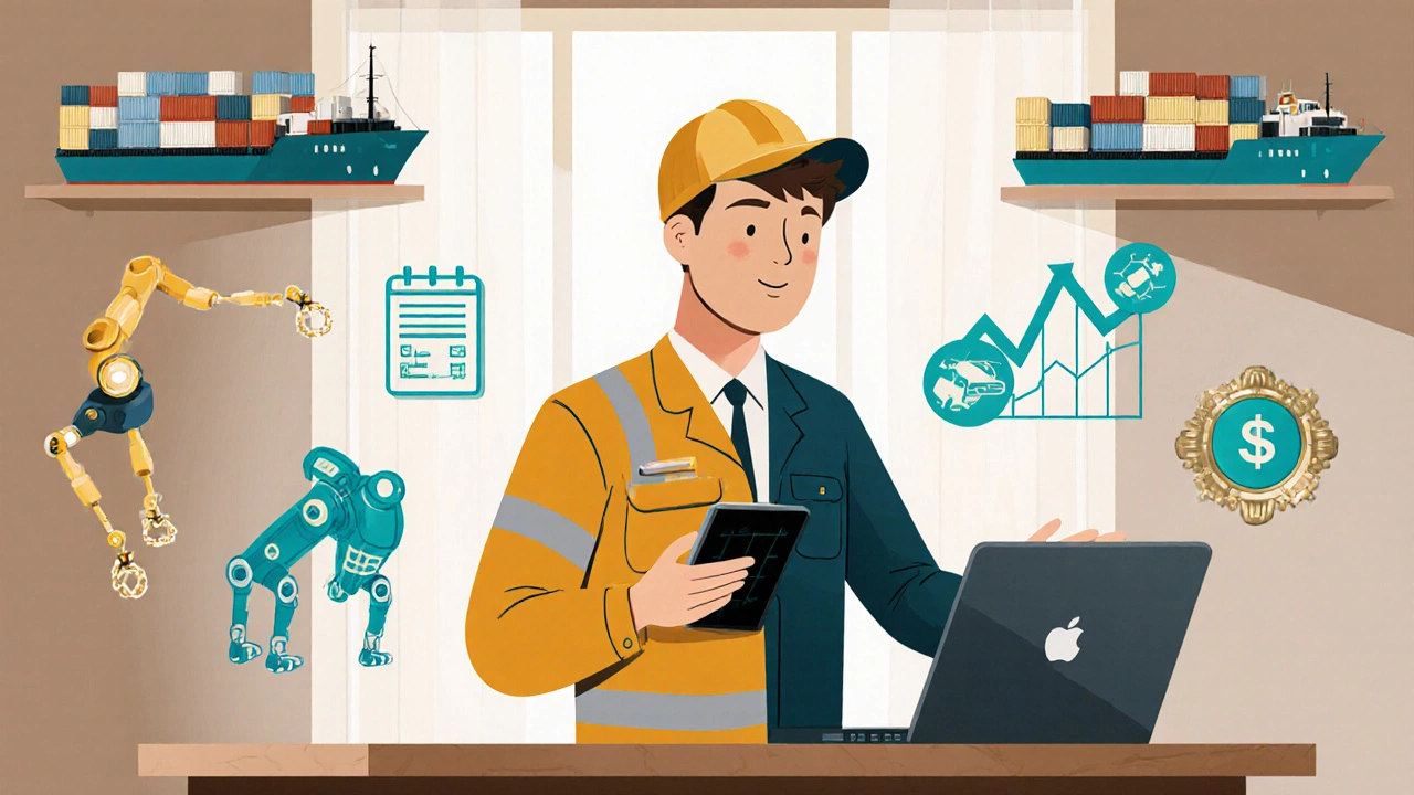 Hybrid logistics worker balancing warehouse duties and remote planning tasks.