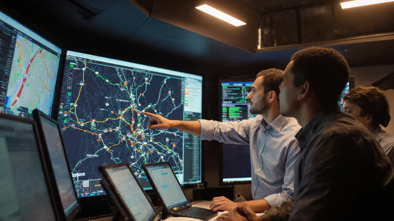 Logistics team analyzing real-time shipment data on multiple screens in a control room.