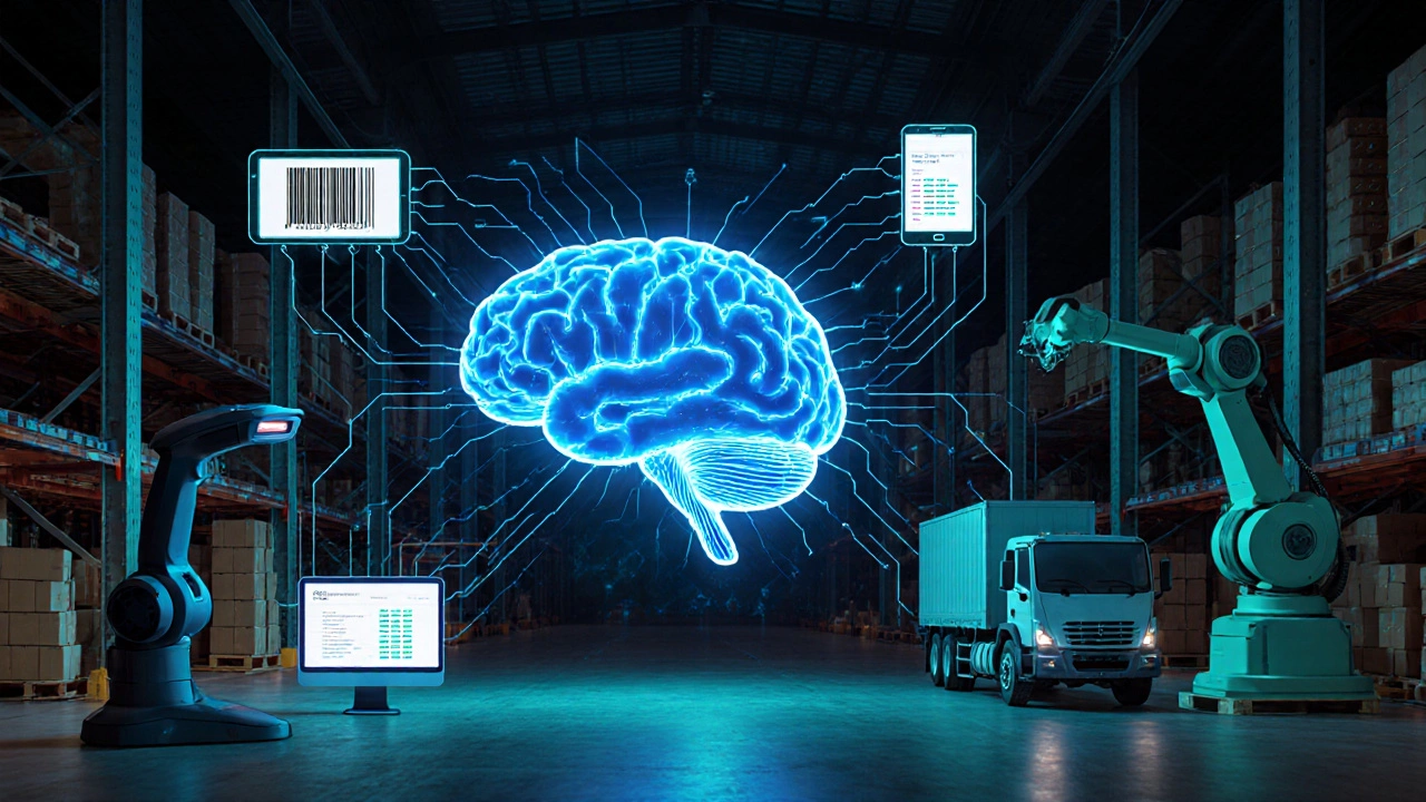 Neural network diagram connecting scanners, tablets, and robots with glowing data streams in a dark warehouse environment.